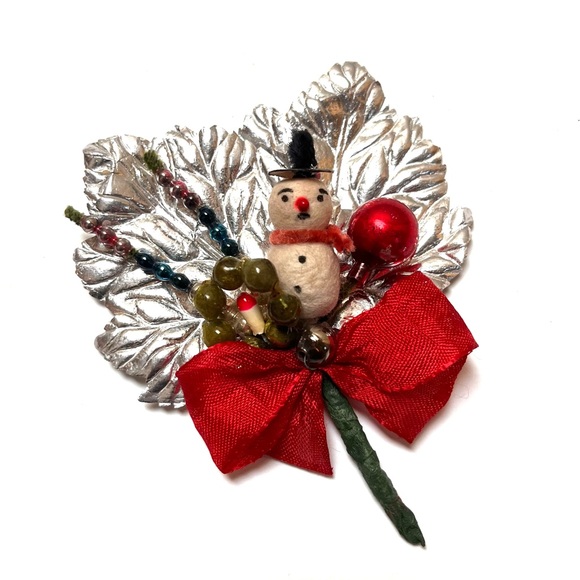 Vintage Christmas Corsage Spun Cotton Snowman Mercury Glass Beads - Picture 1 of 3